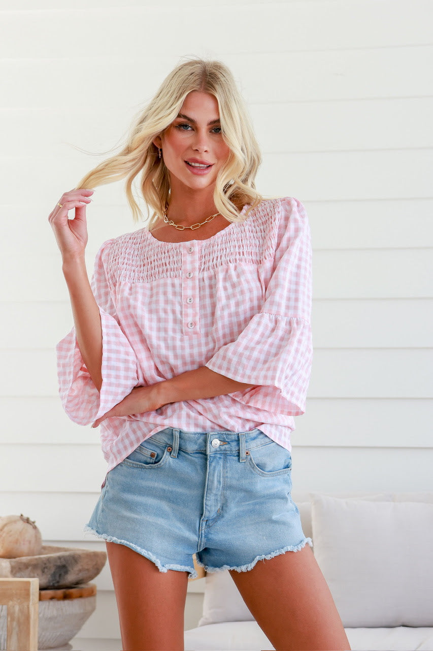 Gingham Shirred Top - Blush