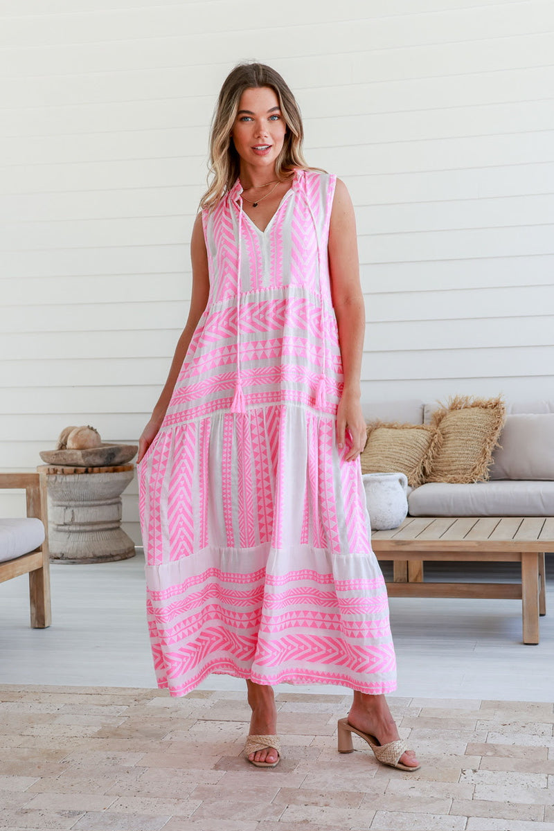 Mediterranean Sleeveless Dress - White/Neon Pink